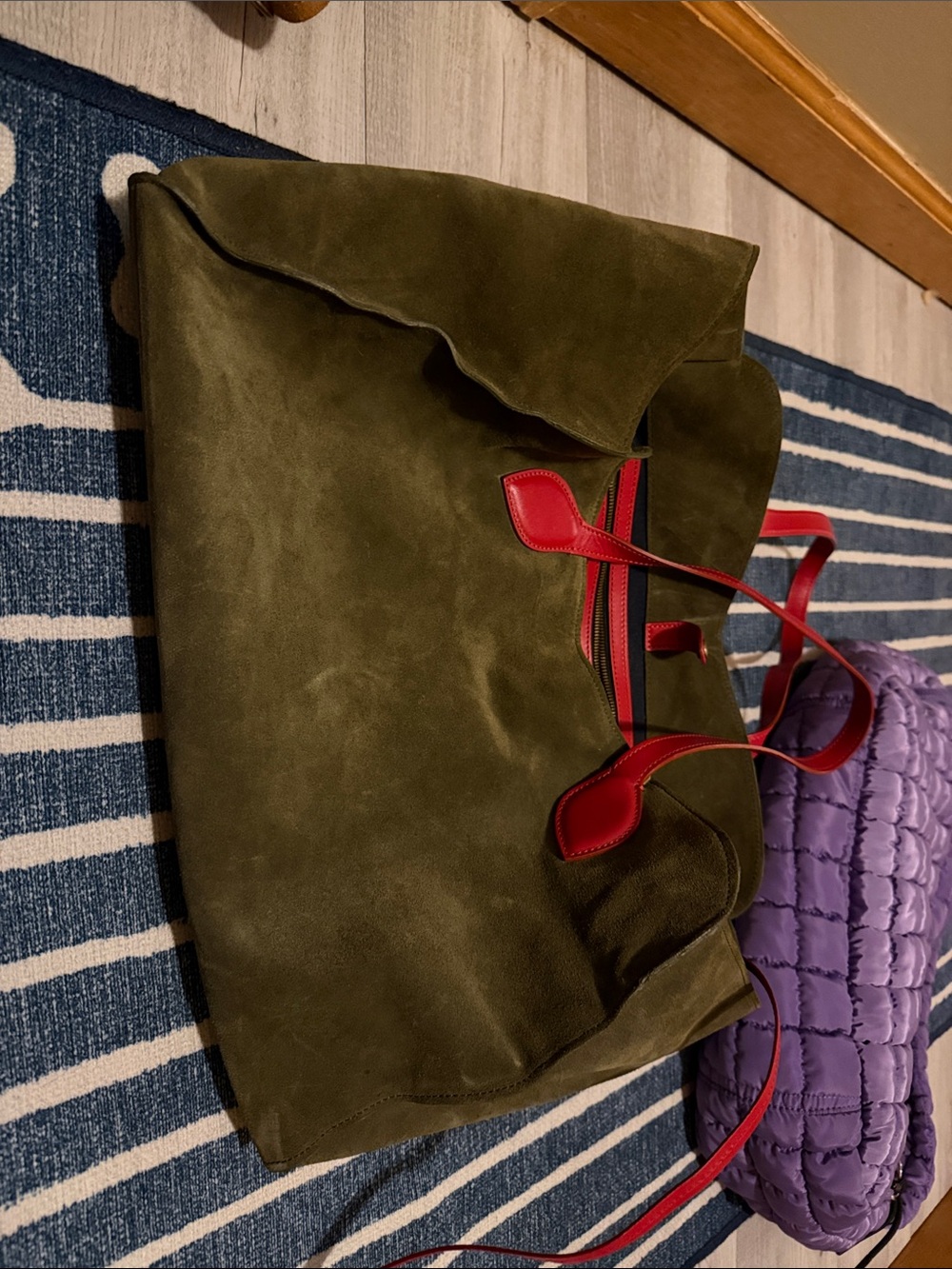 Olive Suede Tote with Red Trim - Women's Everyday Tote